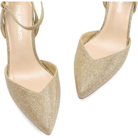 Dream Pairs Women Gold-glitter Closed Pointed Toe Kitten Heels Ankle Strap Pumps - Picture 3 of 7